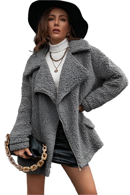 Thick Velvet Zipper Furry Collared Wool Coat