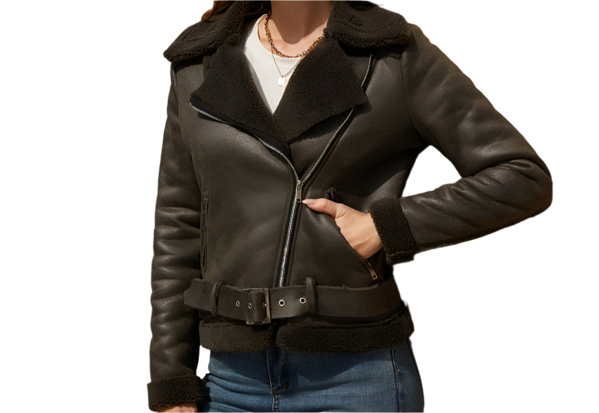 Faux Shearling Suede Leather Belt Turn down Collar Coat