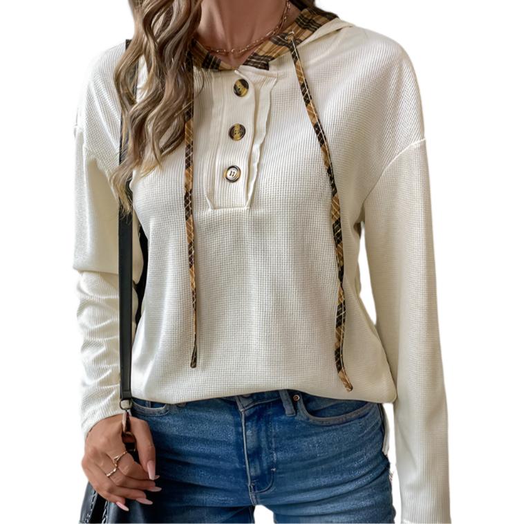Half Button Stitching Plaid Long Sleeve Hoodie