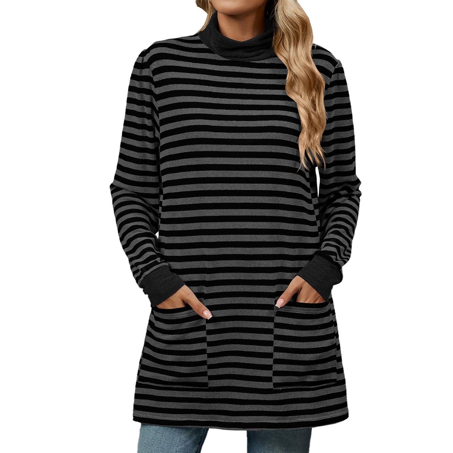 Striped Contrast Color Pockets Turtleneck Long Sleeve Top