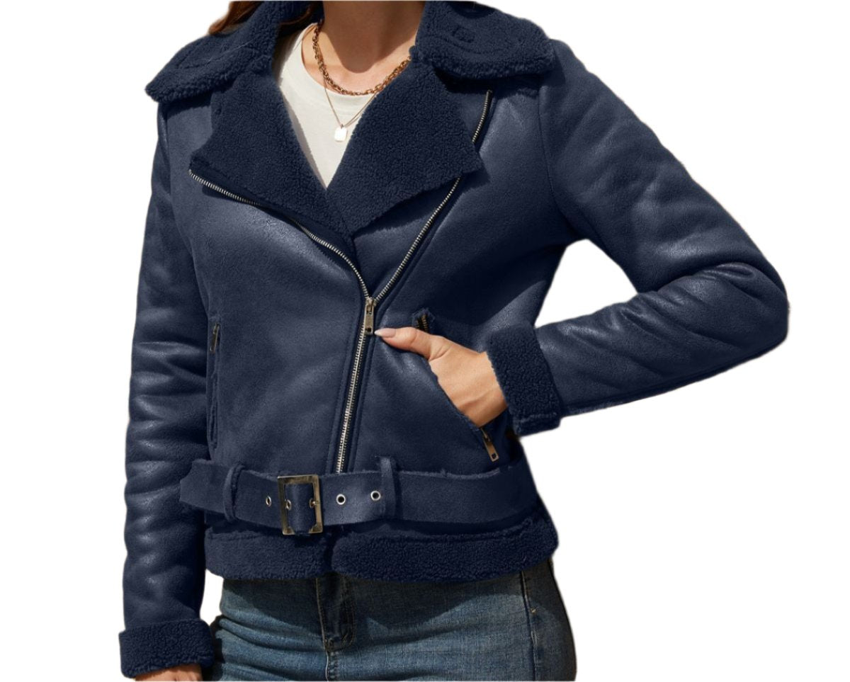 Faux Shearling Suede Leather Belt Turn down Collar Coat