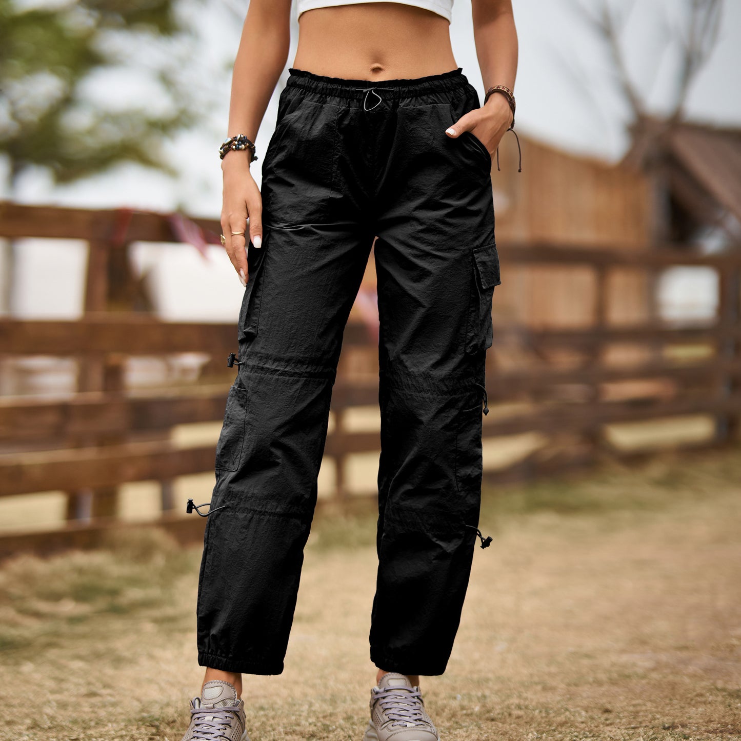 Multi Pocket Ankle Tied Lace Up Adjustable Straight Cargo Pants