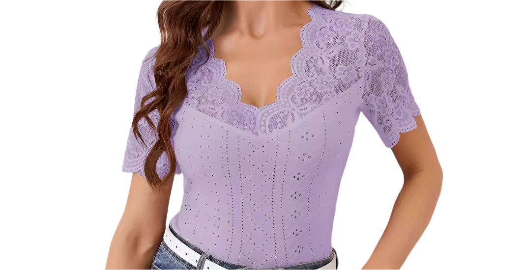 Fan-Shaped Front Back V-neck Lace Stitching Slim Fit Shor Sleeved Top