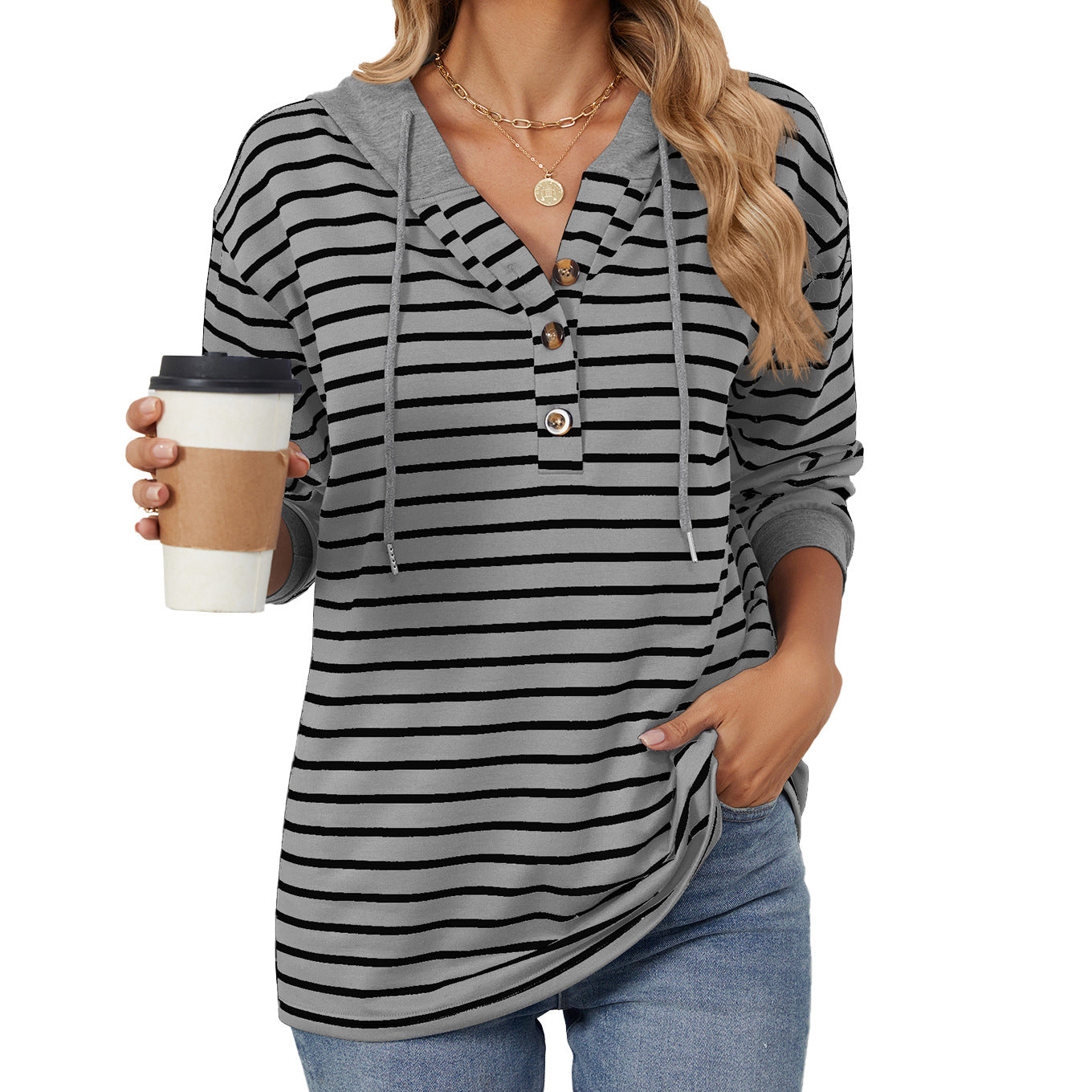 Striped Color Contrast Patchwork Hooded Long Sleeve Sweatshirt