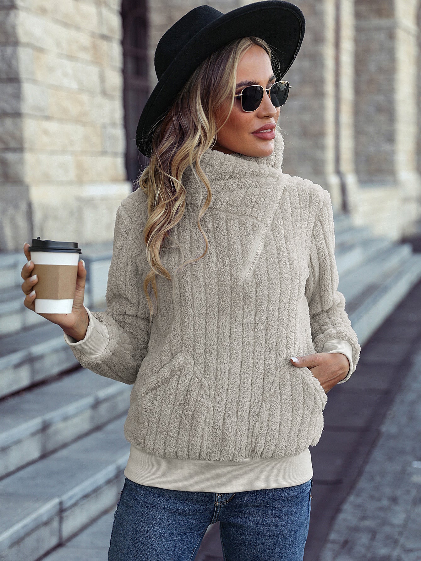 Long Sleeve Short Zipper Sunken Stripe Mid-Length Pullover Sweatshirt