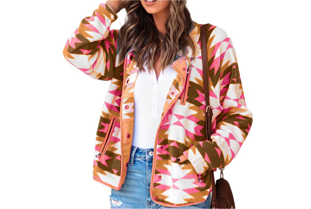 Geometric Abstract Fleece Printed Long Sleeve Jacket