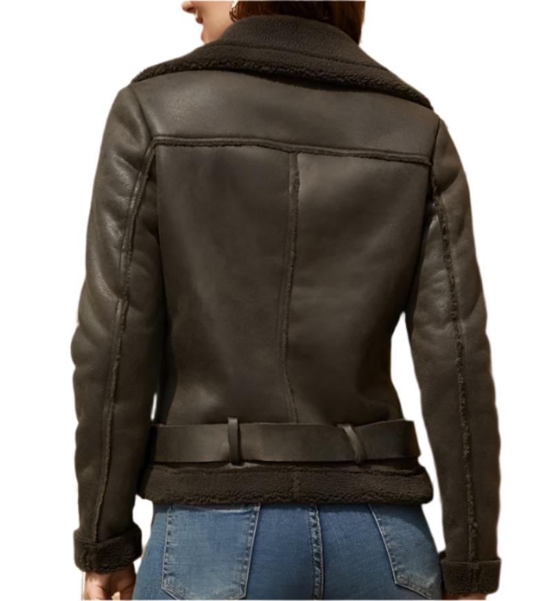 Faux Shearling Suede Leather Belt Turn down Collar Coat