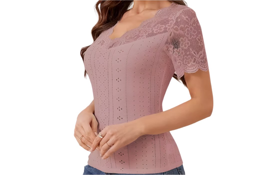 Fan-Shaped Front Back V-neck Lace Stitching Slim Fit Shor Sleeved Top