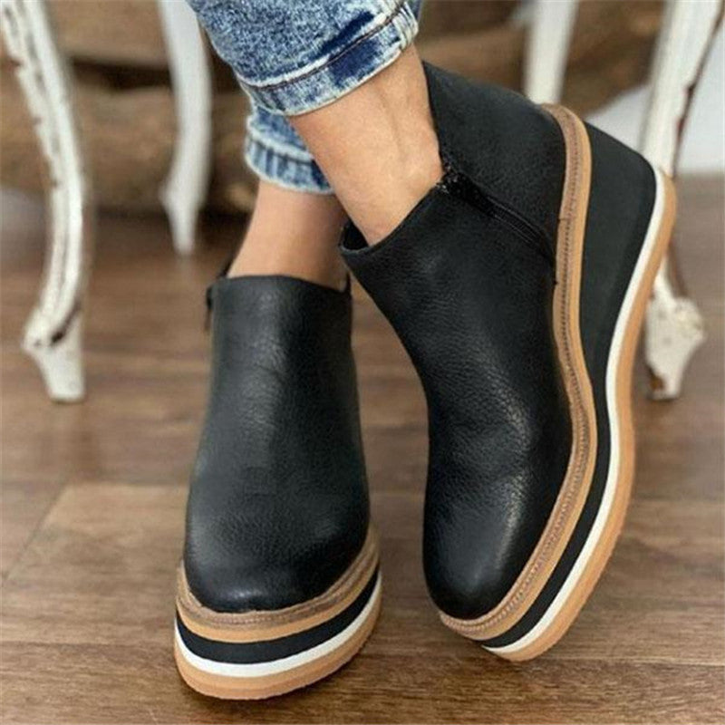 Wedge Thin Short Side Zipper Mid Heel Leather Ankle Boots