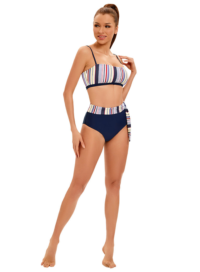 Striped Printed Split High Waist Bikini