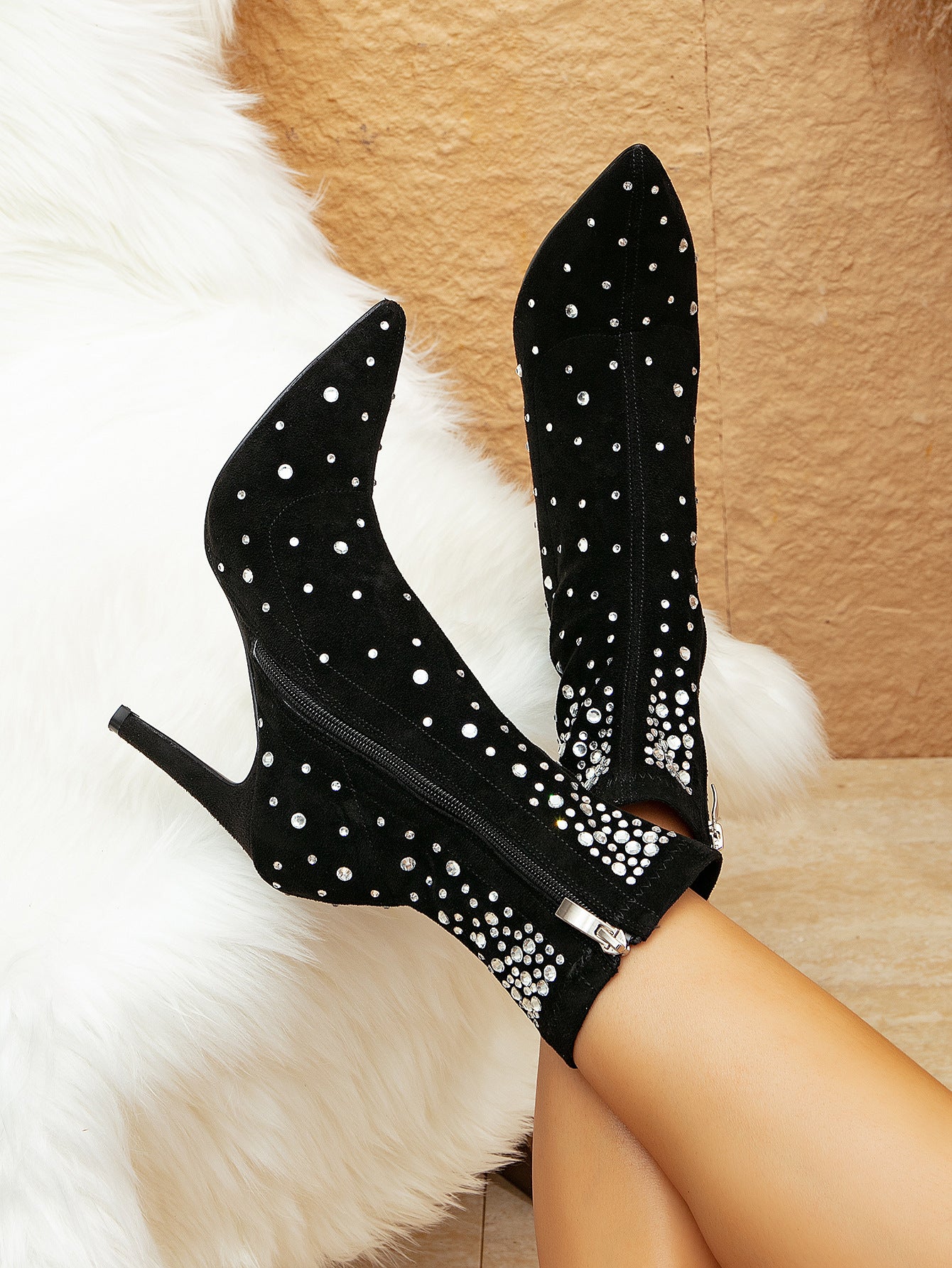 High Heel Pointed Black Suede Mid-Calf Rhinestone Stiletto Socks Boots