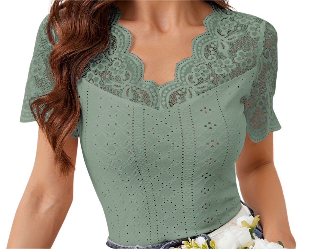 Fan-Shaped Front Back V-neck Lace Stitching Slim Fit Shor Sleeved Top
