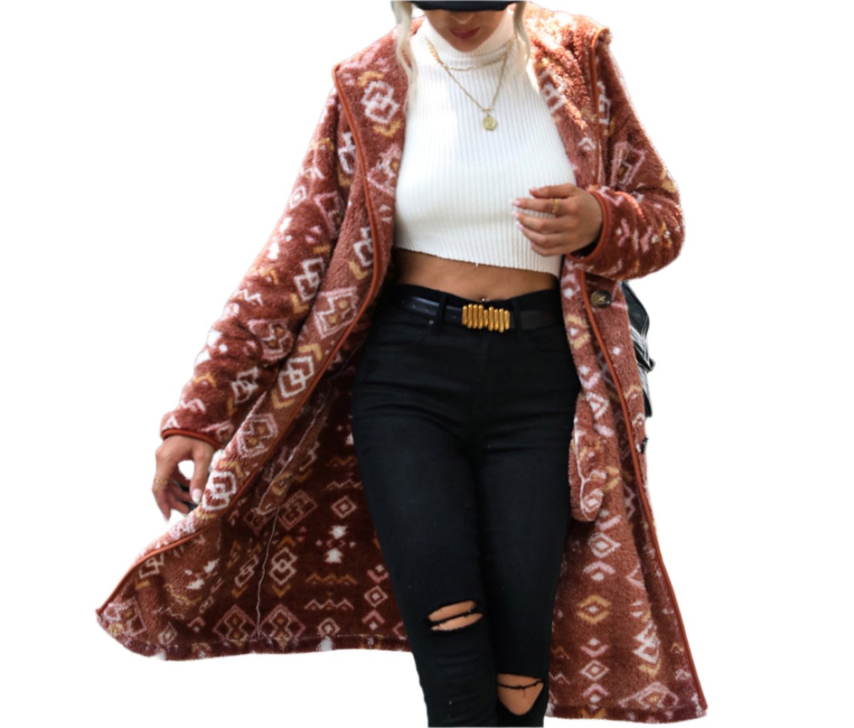 Geometric Abstract Mid-Length Plush Coat