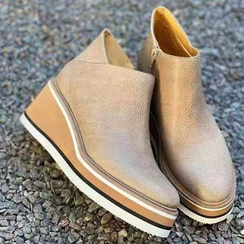 Wedge Thin Short Side Zipper Mid Heel Leather Ankle Boots