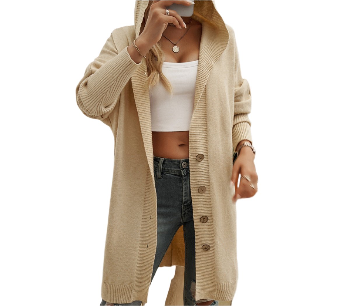 Casual Loose Hooded Mid-Length Cardigan