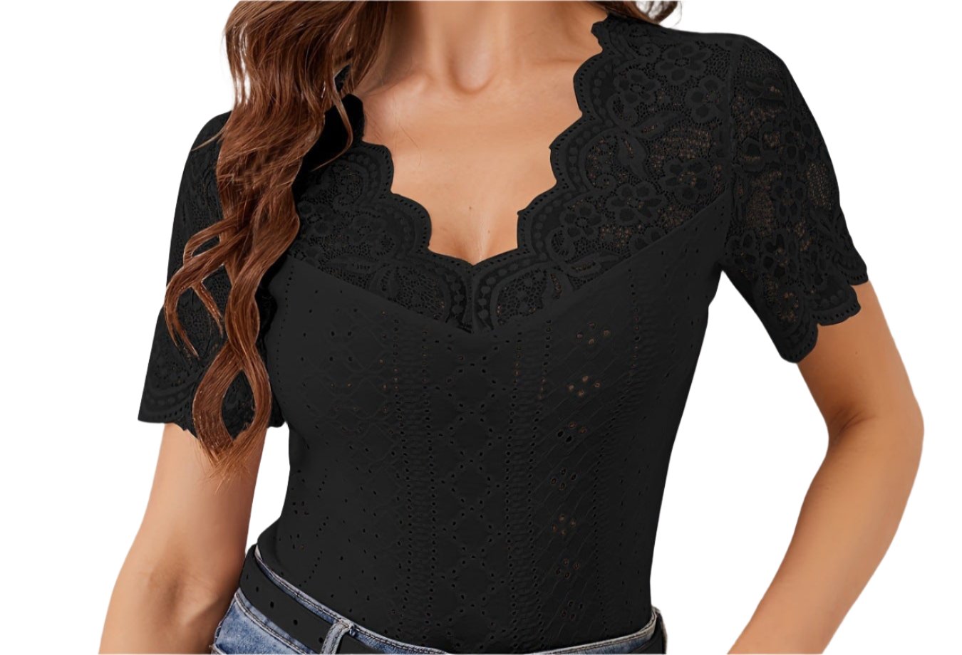 Fan-Shaped Front Back V-neck Lace Stitching Slim Fit Shor Sleeved Top