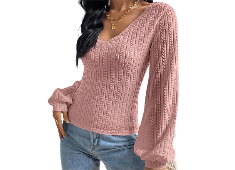 V-neck Puff Sleeve Knitted Long Sleeved Top