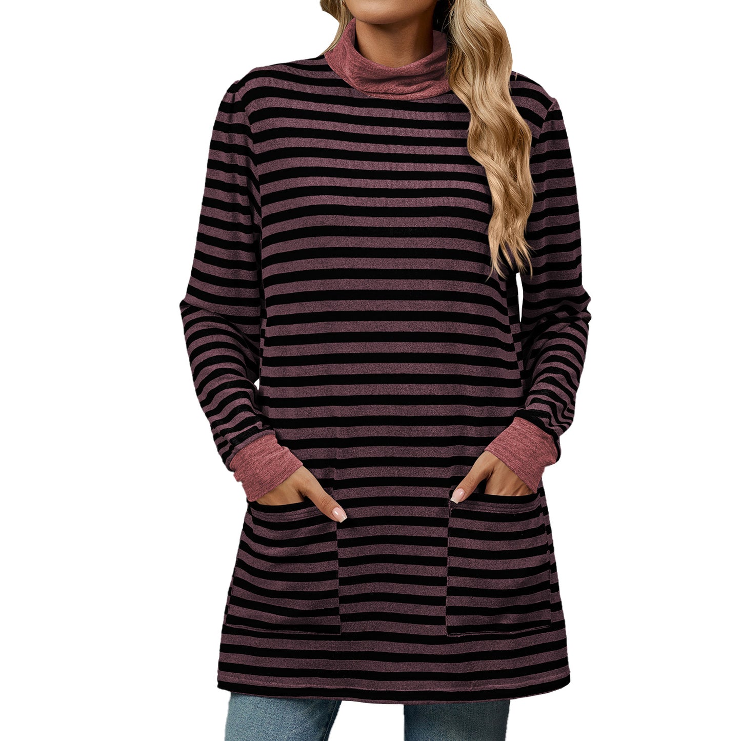 Striped Contrast Color Pockets Turtleneck Long Sleeve Top