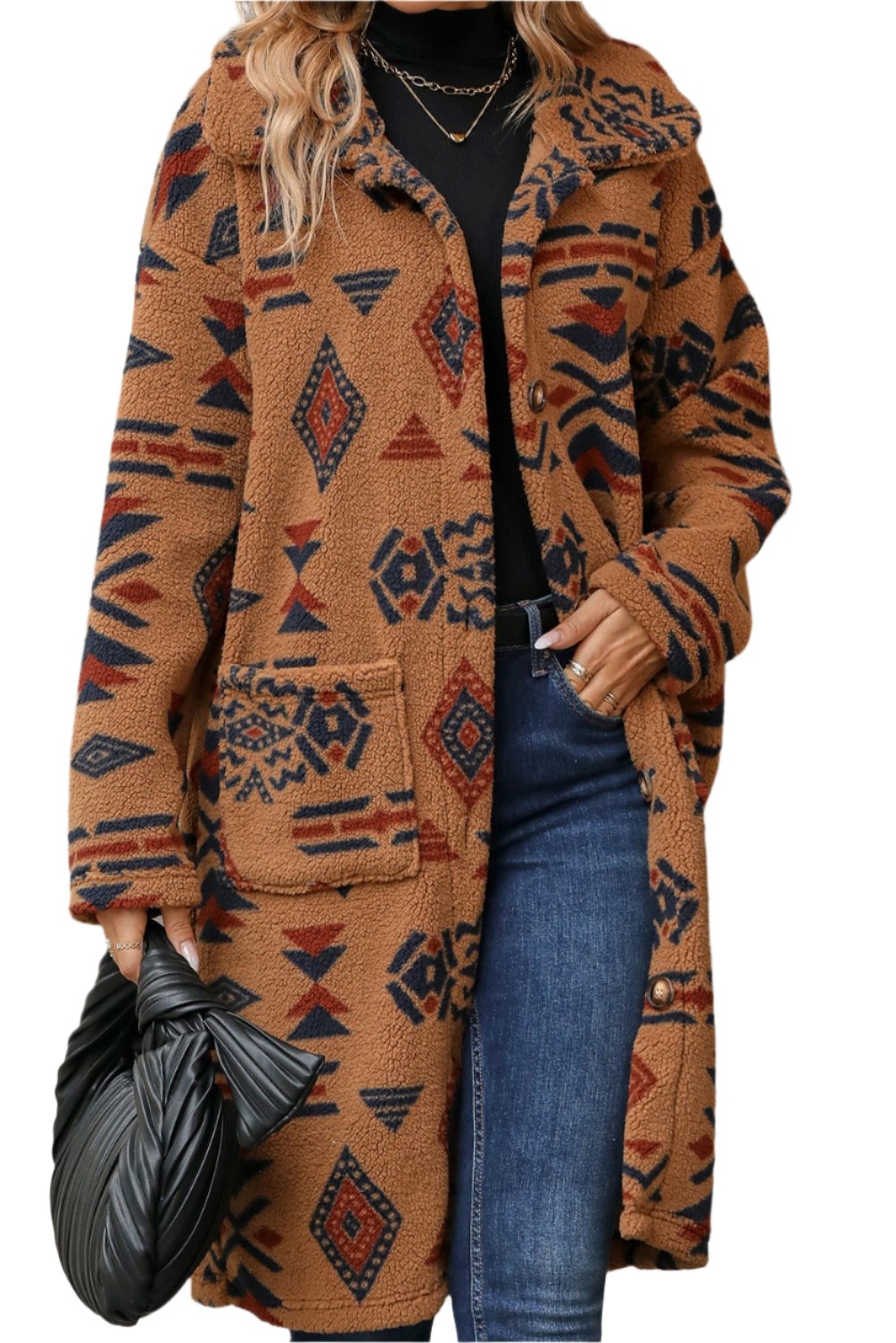 Ethnic Print Plush Long Coat