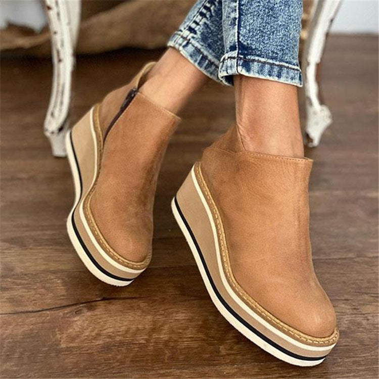 Wedge Thin Short Side Zipper Mid Heel Leather Ankle Boots