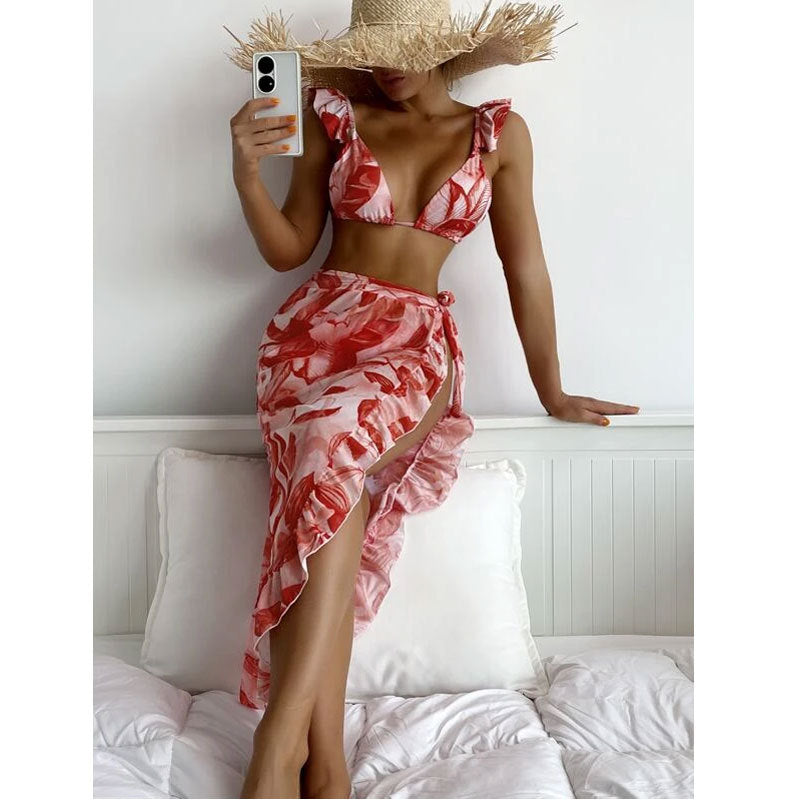 Sexy Ruffled Tied Cover-up Three Piece Suit