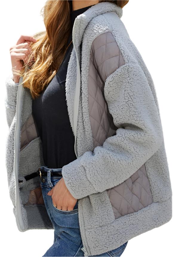 Autumn Winter Long Sleeve Zipper Plush Stitching Coat