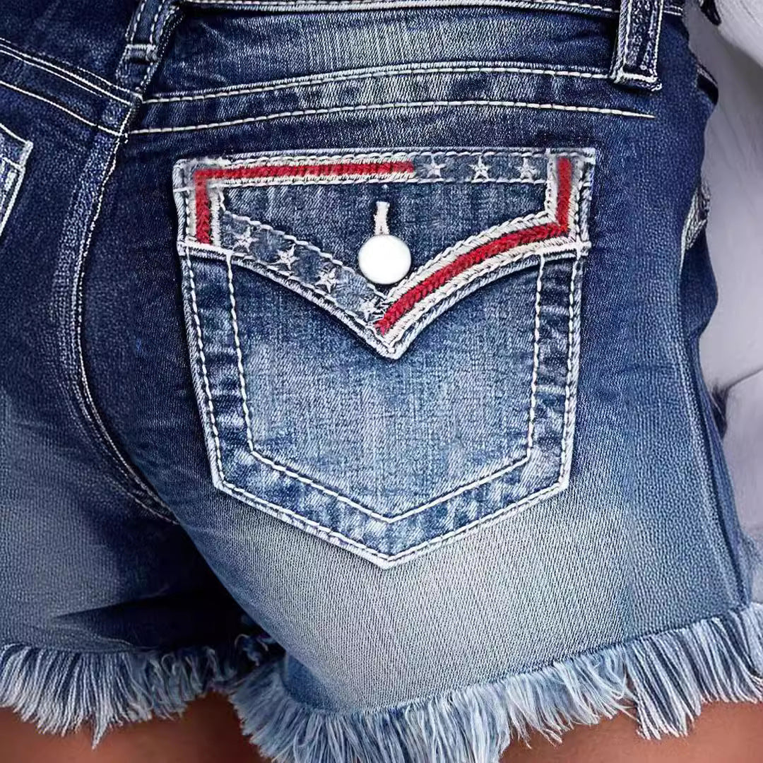 Embroidered Frayed Denim Shorts