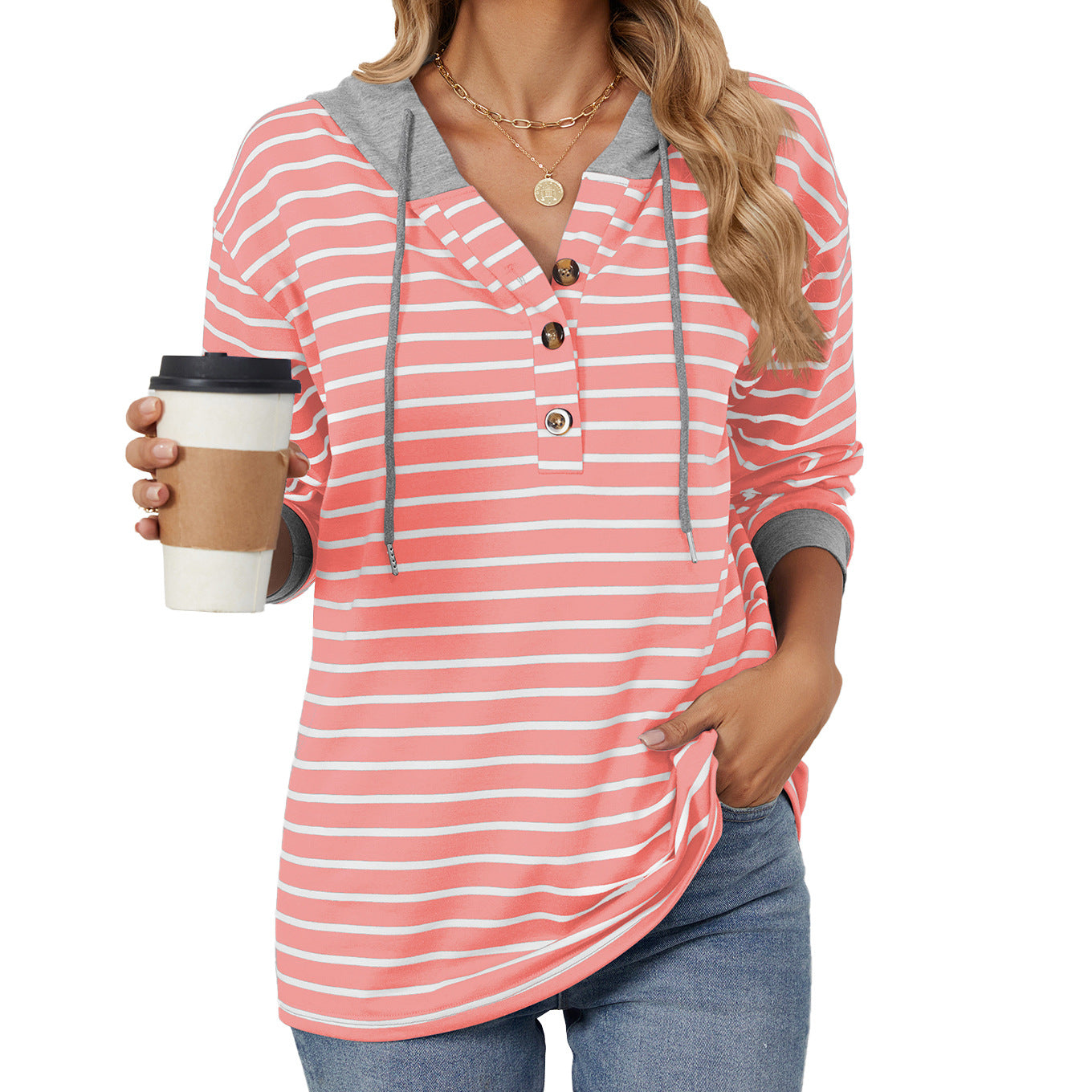 Striped Color Contrast Patchwork Hooded Long Sleeve Sweatshirt