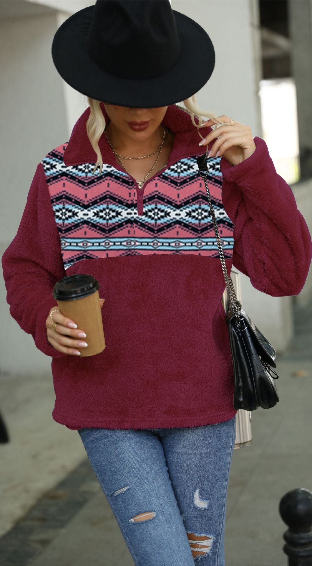 Plush Multicolor Geometric Abstract Printed Fleece Sweatshirt