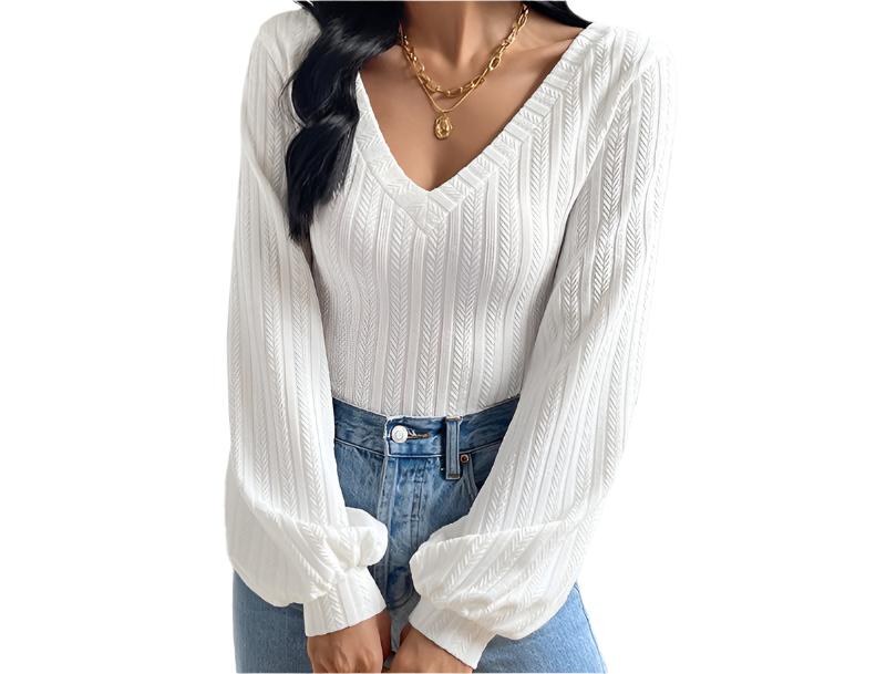 V-neck Puff Sleeve Knitted Long Sleeved Top