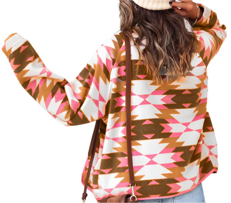 Geometric Abstract Fleece Printed Long Sleeve Jacket