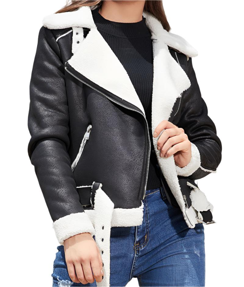 Faux Shearling Suede Leather Belt Turn down Collar Coat