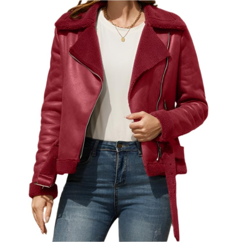 Faux Shearling Suede Leather Belt Turn down Collar Coat