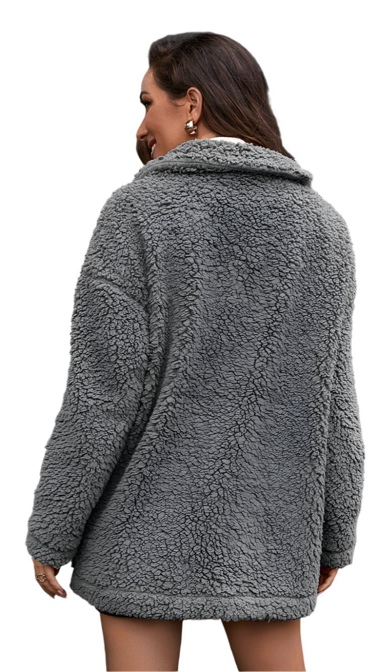 Thick Velvet Zipper Furry Collared Wool Coat