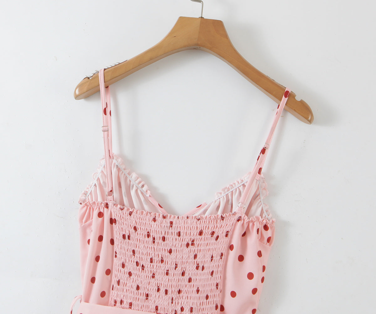 Spring Pink Polka Dot Lace up Backless Romper