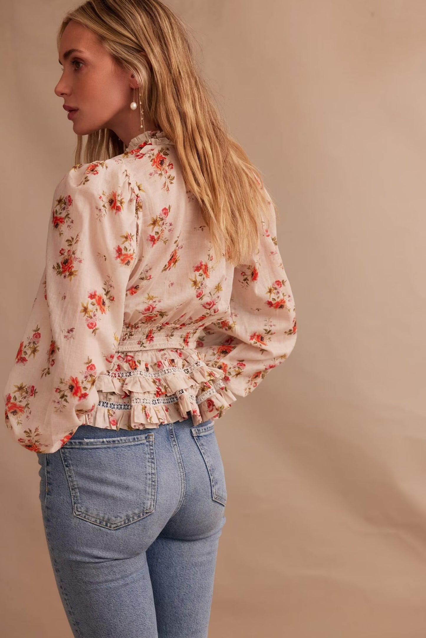 French Buckle Lace Elastic Smocking Waist Trimming Ruffles Top