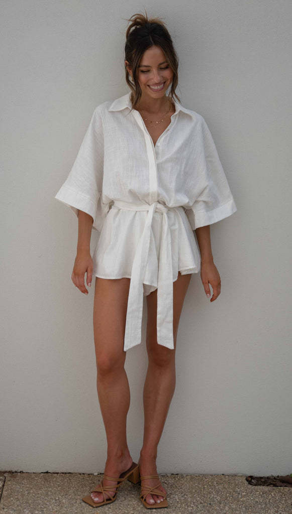 Polo Collar Mid Sleeve Waist Lace up Romper Pajamas