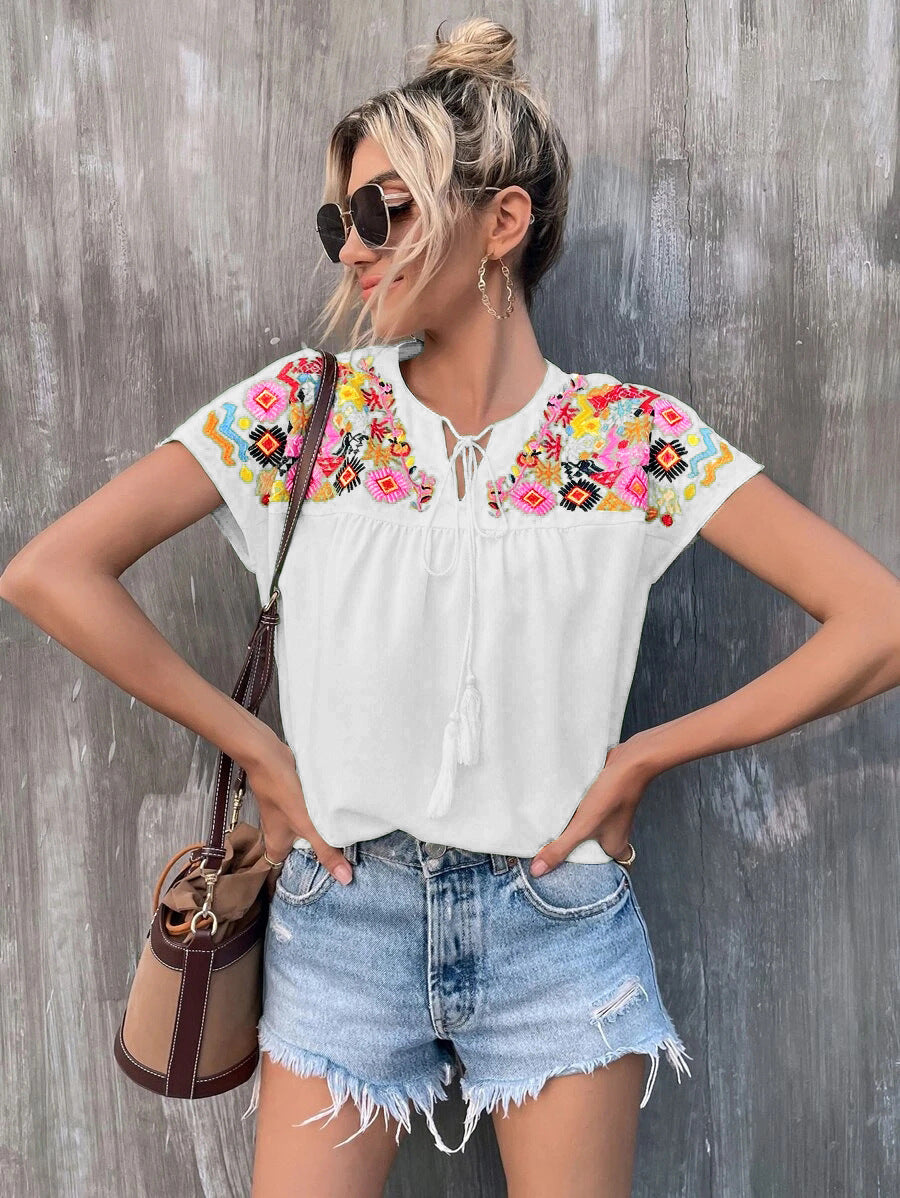 Summer Embroidery Tassel Series Leading Batwing Sleeve Shirt