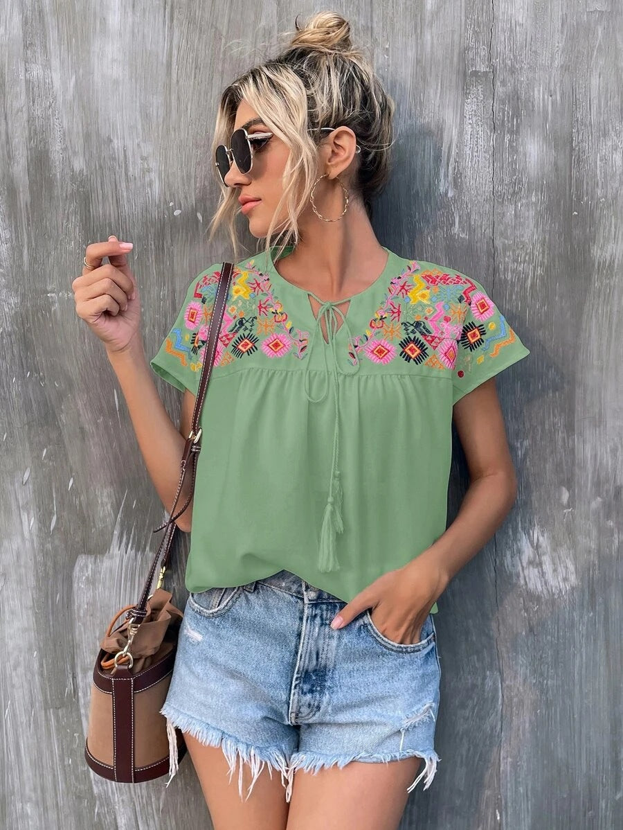 Summer Embroidery Tassel Series Leading Batwing Sleeve Shirt