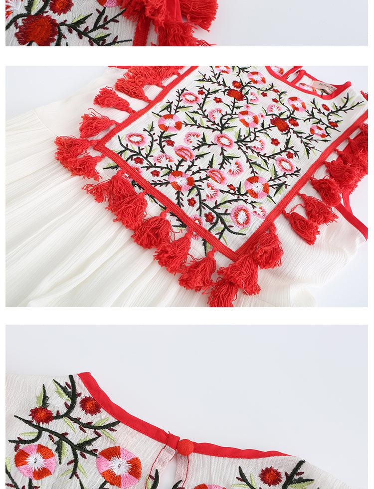Bohemian Flower Embroidered Fringe Trimmed Dress - Tamra.Shop.Social