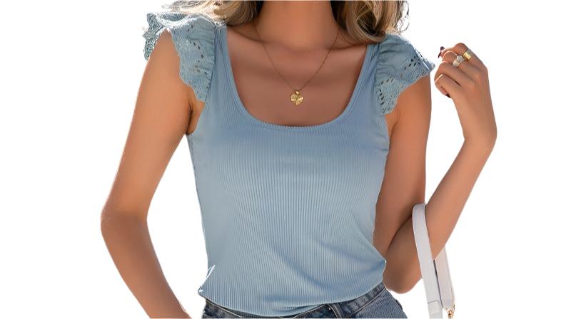 Casual Knitted Eyelet Embroidery Lace U Neck Sleeveless Top - Tamra.Shop.Social