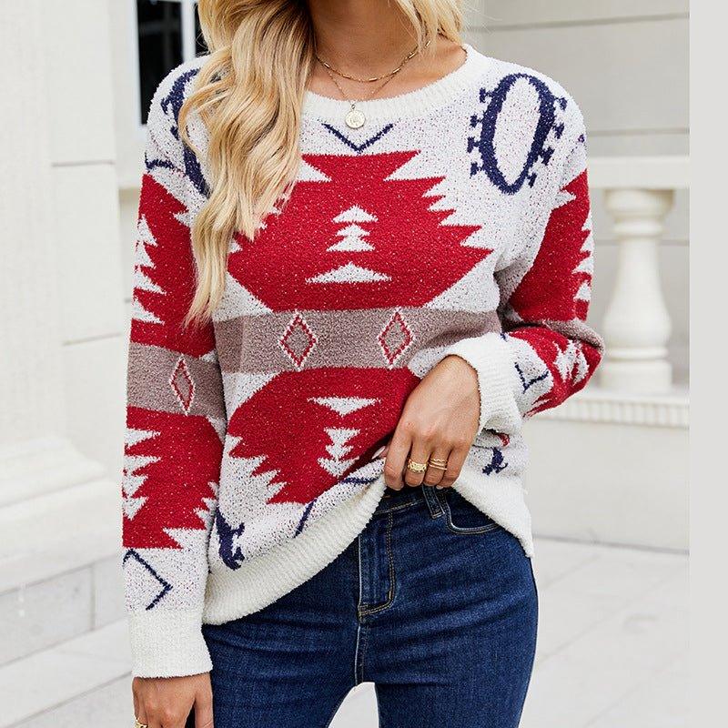 Color Block Geometric Pattern Long-Sleeved Sweater - Tamra.Shop.Social
