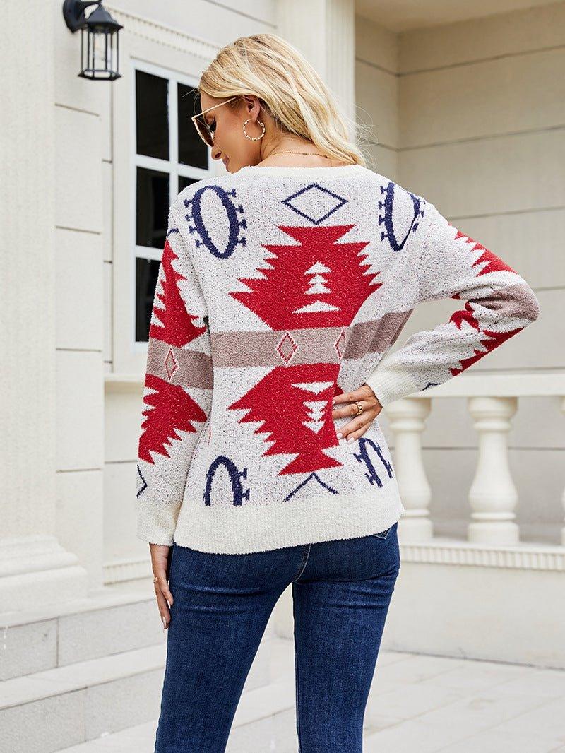 Color Block Geometric Pattern Long-Sleeved Sweater - Tamra.Shop.Social