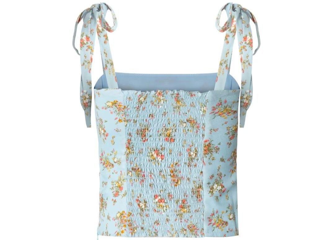 French Floral Print Bow Tie Shoulder Strap Top - Tamra.Shop.Social