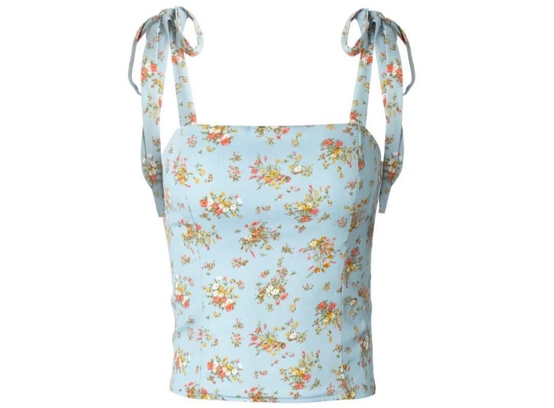 French Floral Print Bow Tie Shoulder Strap Top - Tamra.Shop.Social