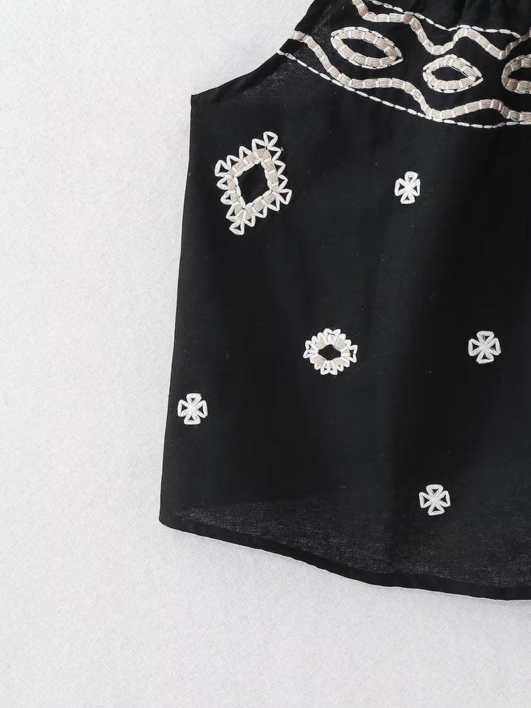Spaghetti strap loose bow embroidered top in solid black with boho style embroidery, summer cami.