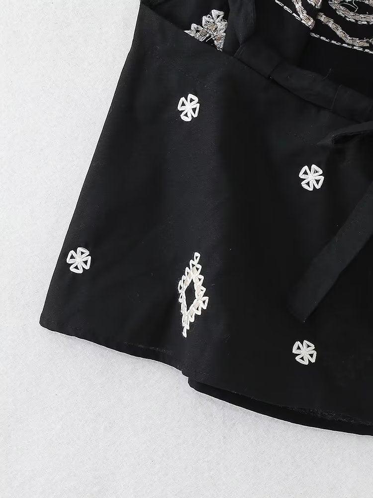 Spaghetti strap loose bow embroidered top in black with delicate white embroidery, boho style, summer cami.