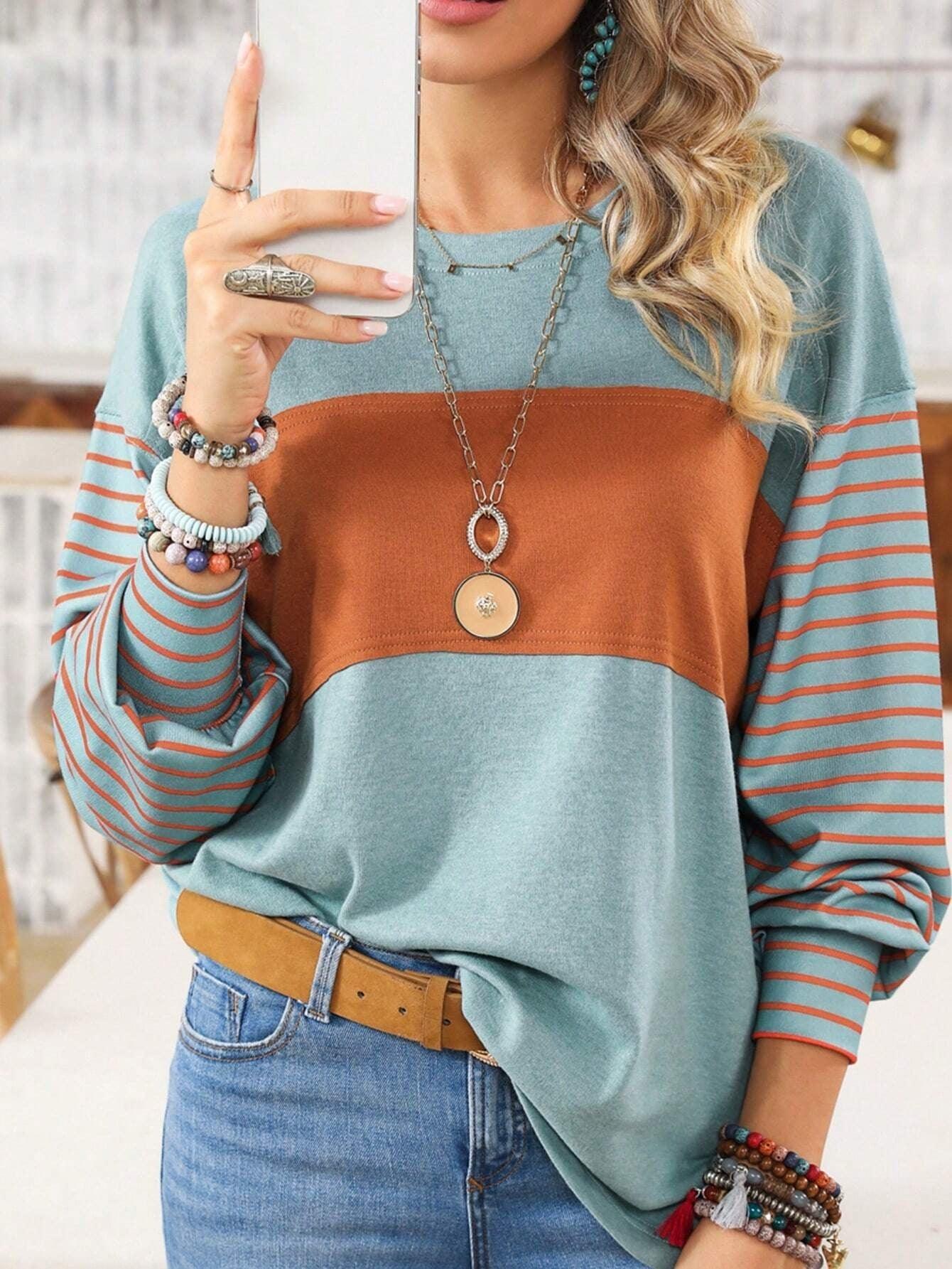 Striped Color Block Crew Neck Pullover - Tamra.Shop.Social