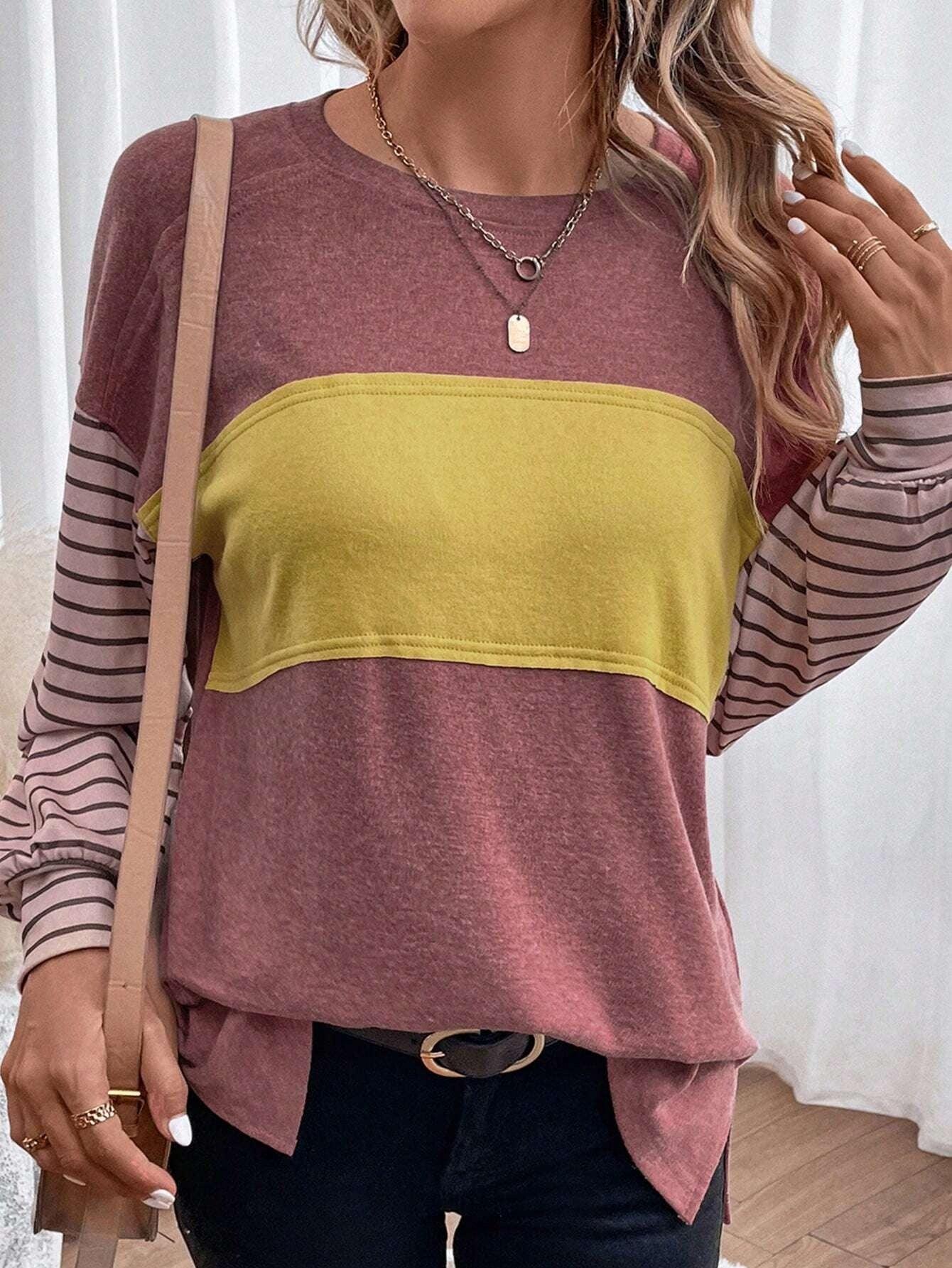 Striped Color Block Crew Neck Pullover - Tamra.Shop.Social