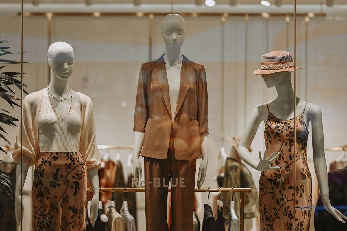 Three mannequins display fashionable clothing in a store window